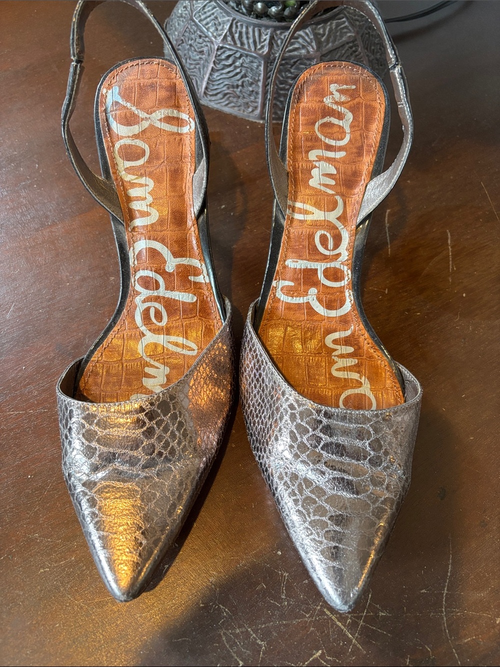 Sam Edelman Metallic Silver Snakeskin Pointed Slingback Pumps